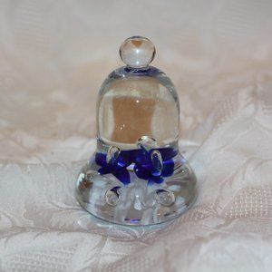 Vintage Joe St Clair Glass Blue & White Flowers Bell Paperweight